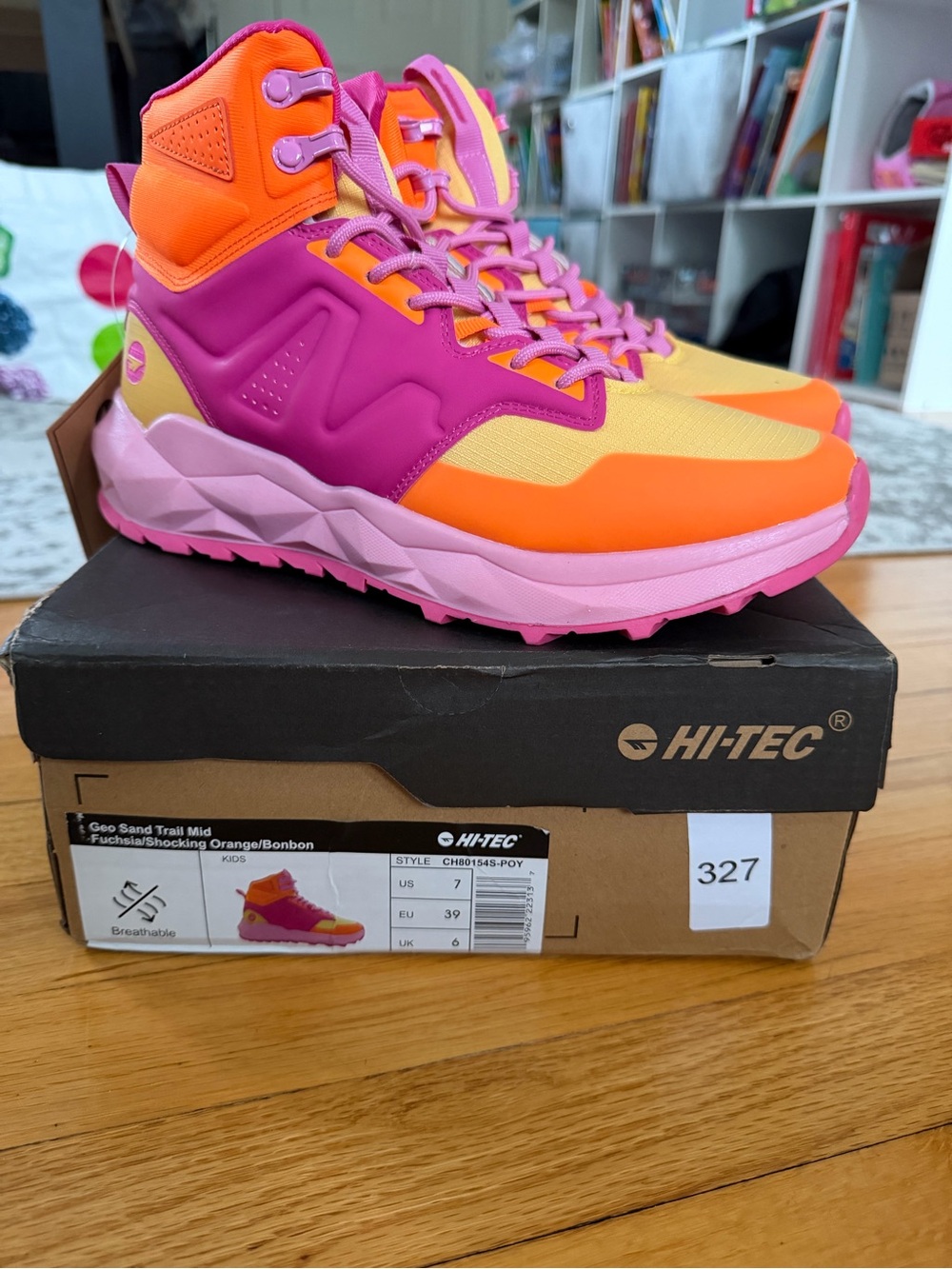 Hi-Tec Kids Trail Boots in Fuchsia, Orange, Yellow Geo sand trail mid